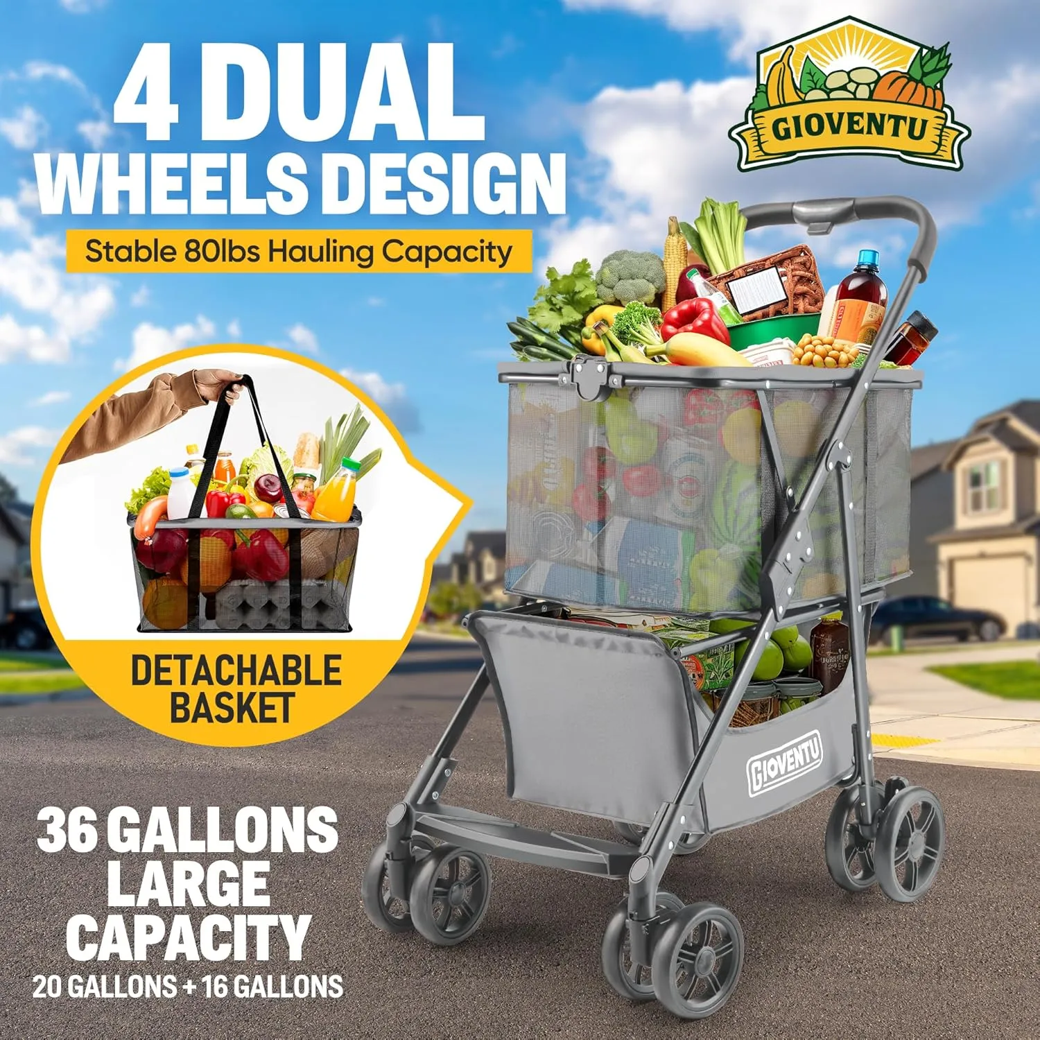 𝟐𝟎𝟐𝟓 𝐔𝐩𝐠𝐫𝐚𝐝𝐞𝐝 Folding Shopping Cart with Wheels, 80lbs Multi Use Grocery Carts with 360° Wheels & Removable Tote Bag, Multifunctional Portable Personal Shopping Carts for Groceries, Gray