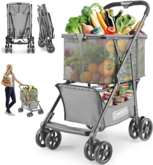 𝟐𝟎𝟐𝟓 𝐔𝐩𝐠𝐫𝐚𝐝𝐞𝐝 Folding Shopping Cart with Wheels, 80lbs Multi Use Grocery Carts with 360° Wheels & Removable Tote Bag, Multifunctional Portable Personal Shopping Carts for Groceries, Gray