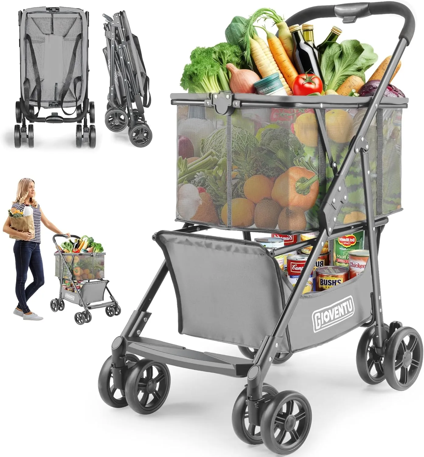 𝟐𝟎𝟐𝟓 𝐔𝐩𝐠𝐫𝐚𝐝𝐞𝐝 Folding Shopping Cart with Wheels, 80lbs Multi Use Grocery Carts with 360° Wheels & Removable Tote Bag, Multifunctional Portable Personal Shopping Carts for Groceries, Gray
