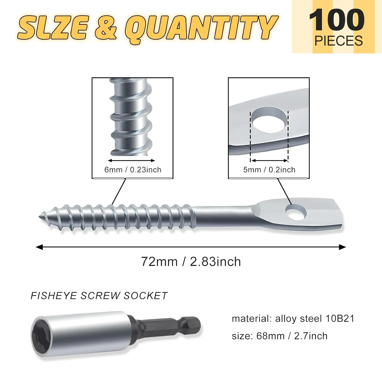 100Pack Eye Lag Screw with 1Pcs Eye Lag Driver Zinc Plated Carbon Steel Eye Lag Wood Screws for Drop Ceiling Use with Attaching Hanger Wire to Joists Eye Bolts Screw