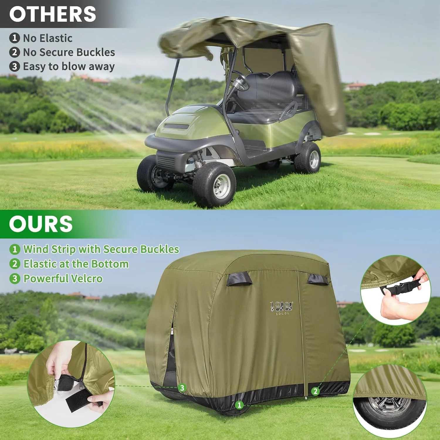 10L0L 2/4/4 2 Passenger Golf Cart Cover Fits for Yamaha EZGO Club Car, 420D Waterproof Durable Polyester Golf Cart Cover with Three Zipper Doors Windproof Sunproof - Black/Army Green/Sliver