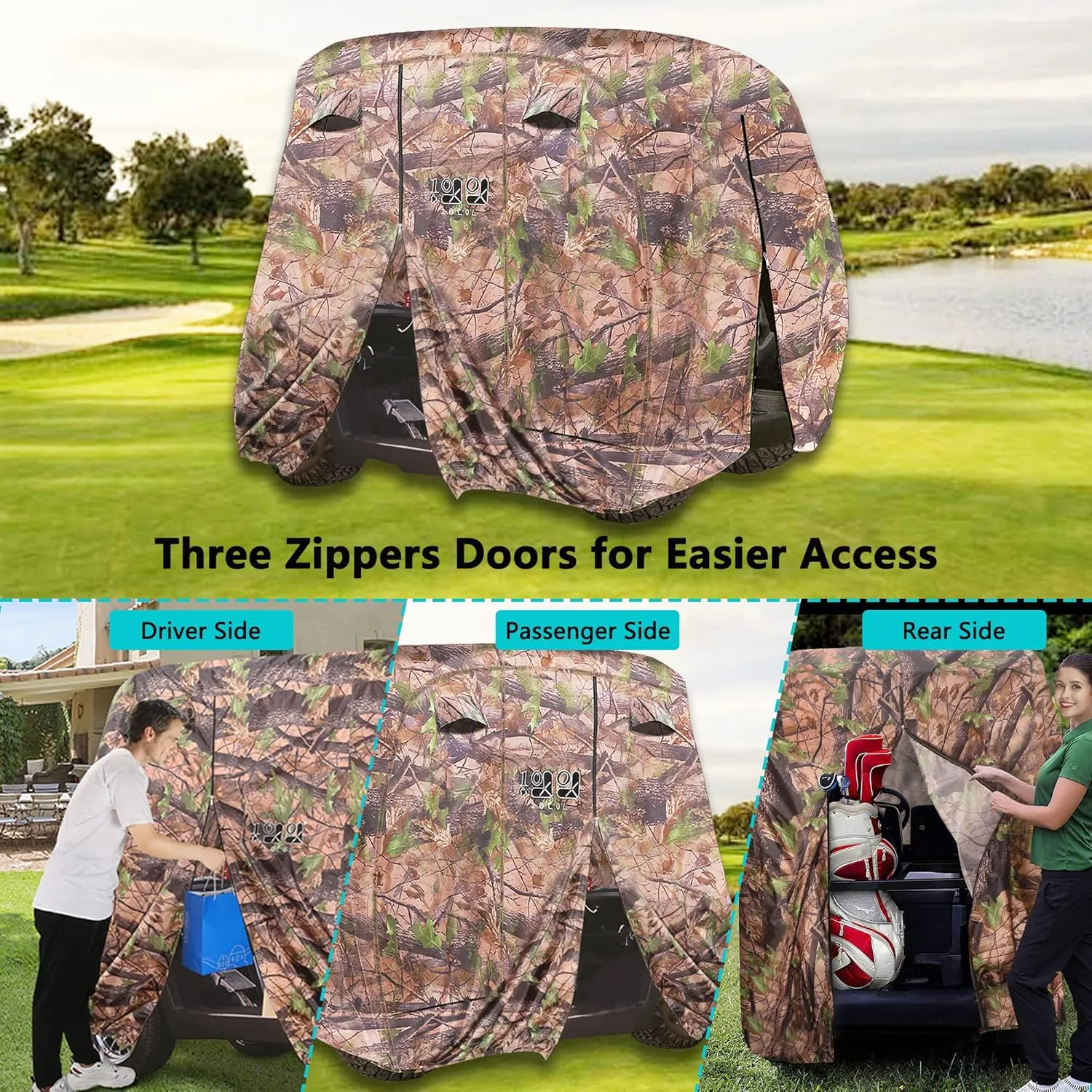 10L0L 2/4/4 2 Passenger Golf Cart Cover Fits for Yamaha EZGO Club Car, 420D Waterproof Durable Polyester Golf Cart Cover with Three Zipper Doors Windproof Sunproof - Black/Army Green/Sliver