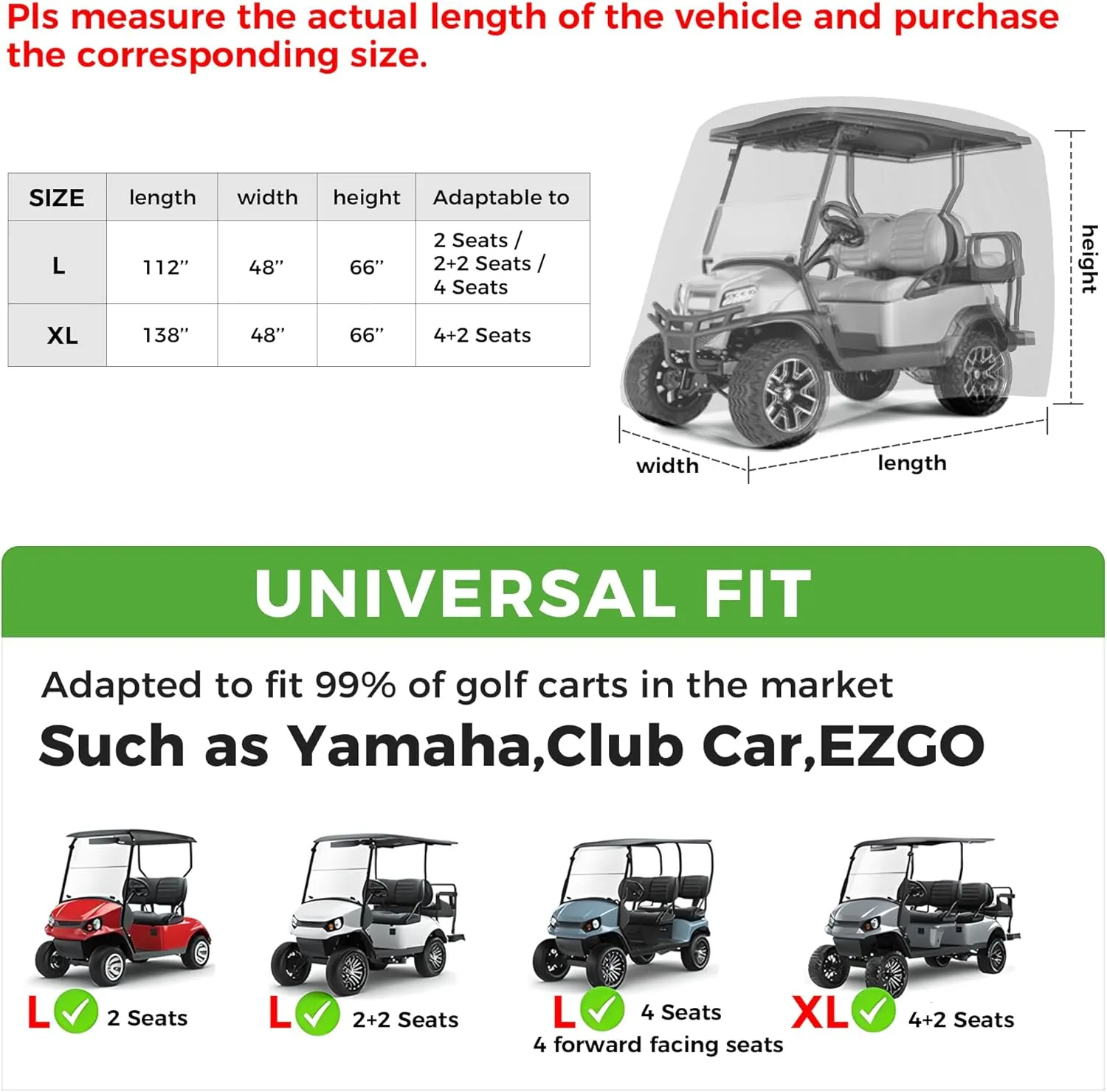 10L0L 2/4/4 2 Passenger Golf Cart Cover Fits for Yamaha EZGO Club Car, 420D Waterproof Durable Polyester Golf Cart Cover with Three Zipper Doors Windproof Sunproof - Black/Army Green/Sliver