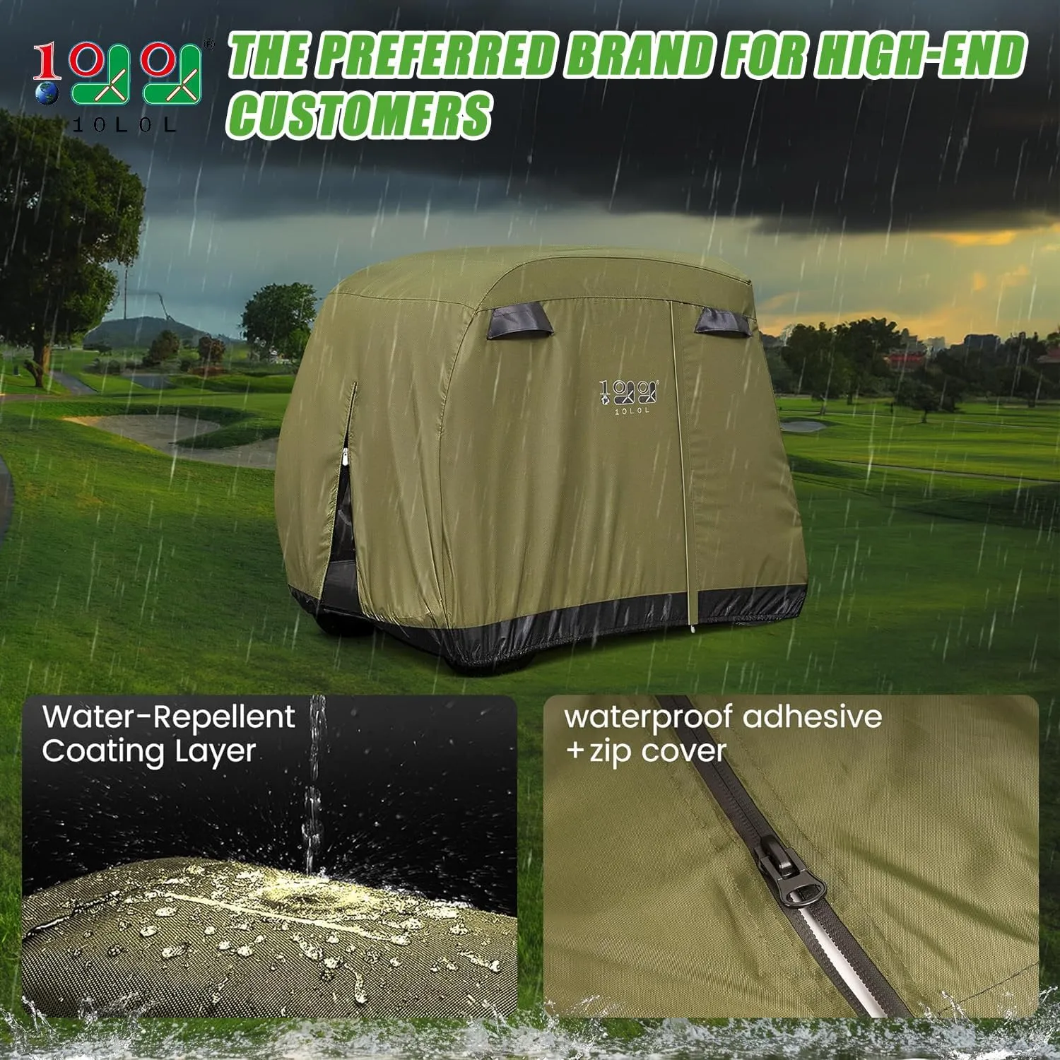 10L0L 2/4/4 2 Passenger Golf Cart Cover Fits for Yamaha EZGO Club Car, 420D Waterproof Durable Polyester Golf Cart Cover with Three Zipper Doors Windproof Sunproof - Black/Army Green/Sliver