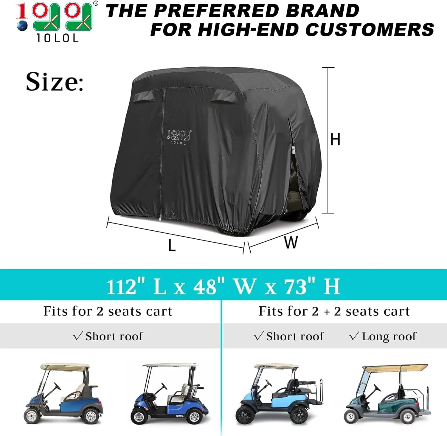 10L0L 4 Passenger Golf Cart Cover for Yamaha EZGO Club Car, 400D Polyester All-Weather Waterproof Golf Cart Storage Cover with Three Zipper Doors-Black