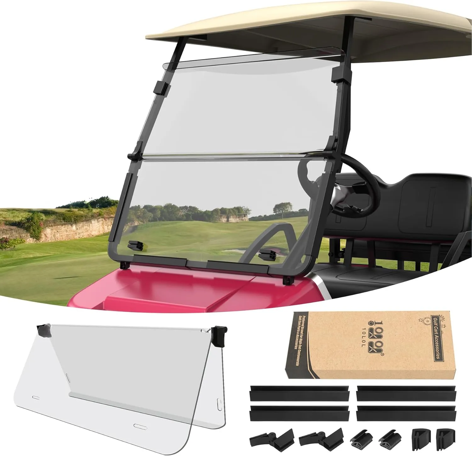10L0L Foldable Golf Cart Windshield for Club Car DS 2000-Up Gas & Electric Models, UV-Proof & Impact Resistant, Lightweight Golf Cart Windshield-Clear