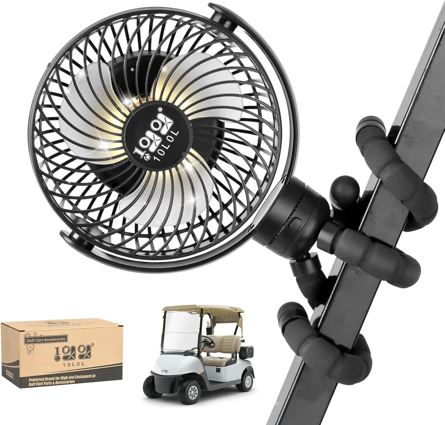10L0L Rechargeable Golf Cart Fans - 60Hrs Runtime Big Battery Operated Portable Fan 360° Rotatable Head, Fits EZGO/Club Car/Yamaha Golf Cart with LED Light