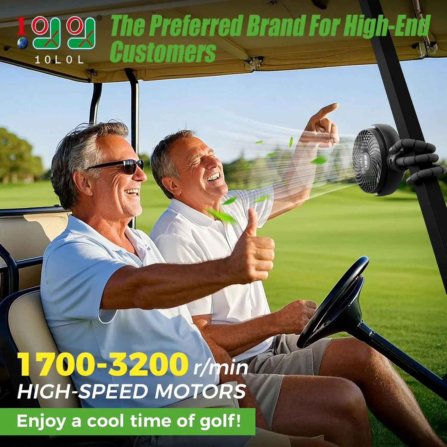 10L0L Rechargeable Golf Cart Fans - 60Hrs Runtime Big Battery Operated Portable Fan 360° Rotatable Head, Fits EZGO/Club Car/Yamaha Golf Cart with LED Light