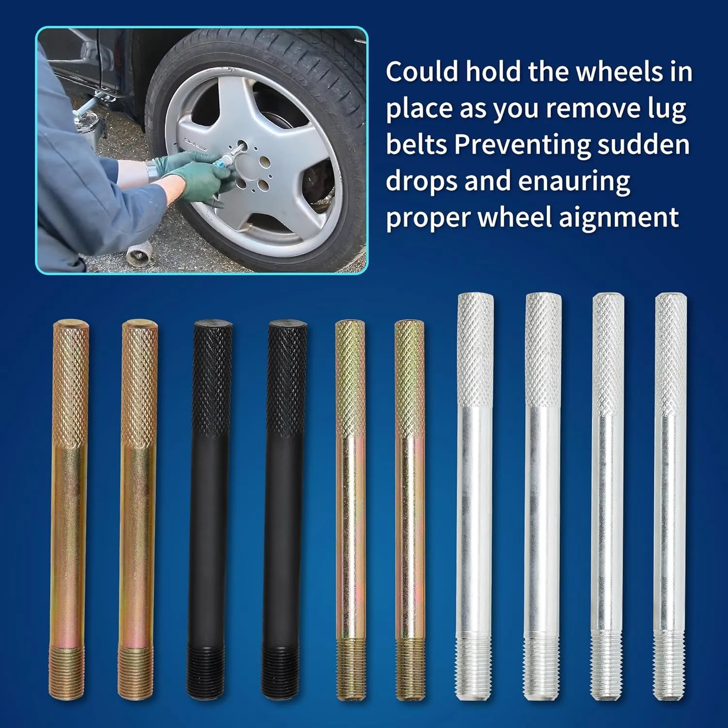 10PC Wheel Alignment Pin, Steel Alloy Wheel Hanger Alignment Pin Guide Tool, Wheel Lug Bolt Automotive Mechanic Tool M14x1.5/1.25, M12x1.5/1.25, M15*1.25