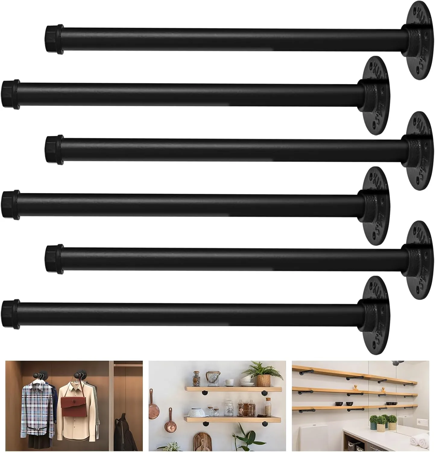 12" Industrial Pipe Shelf Brackets 6 Pack Iron Shelf Bracket Floating Iron Shelves Black Shelving Bracket Heavy Duty for Wood, Kitchen, Laundry Room, Home Decor Hanger Bedroom