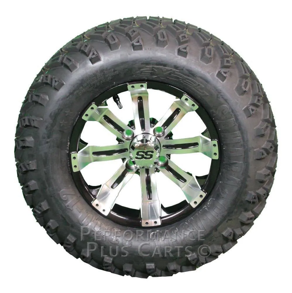 12" Tempest Black and Machined Golf Cart SS Wheels with 23" Lifted Tire Package