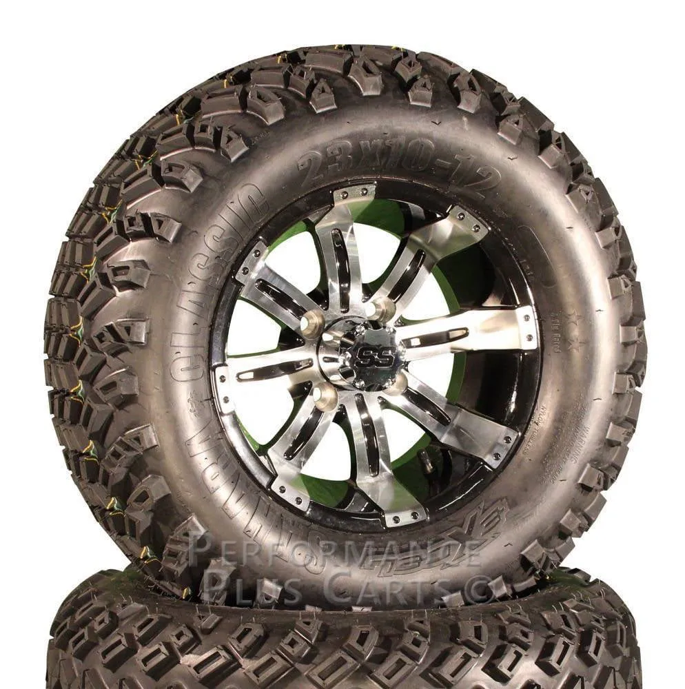 12" Tempest Black and Machined Golf Cart SS Wheels with 23" Lifted Tire Package