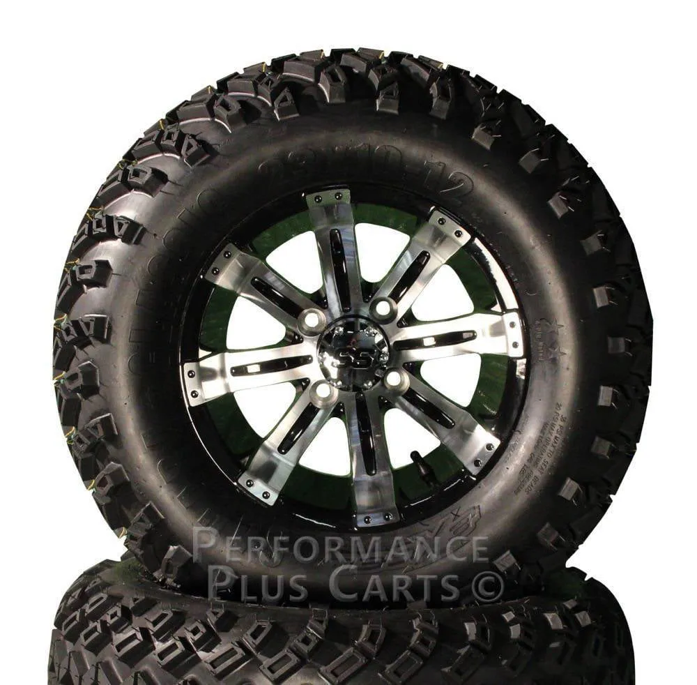 12" Tempest Black and Machined Golf Cart SS Wheels with 23" Lifted Tire Package