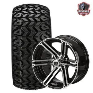 12" Yukon Black & Machined Golf Cart Wheels on Tires Combo (20x10-12) Set of 4