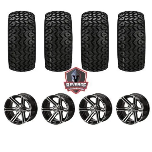 12" Yukon Black & Machined Golf Cart Wheels on Tires Combo (20x10-12) Set of 4