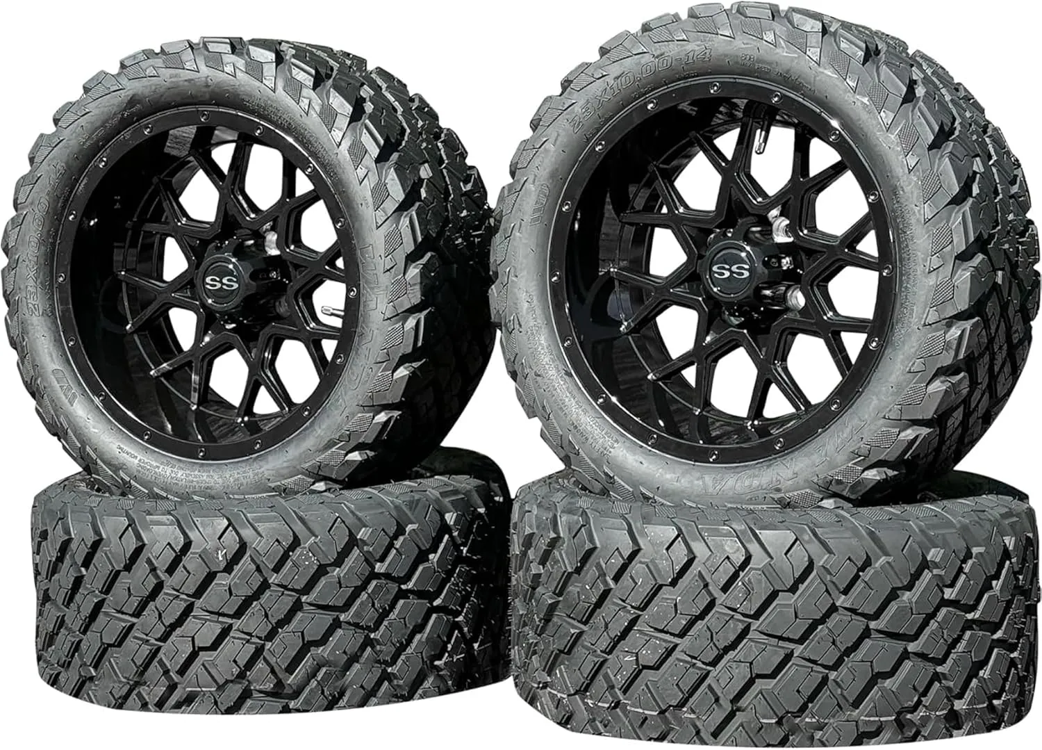 14 Inch Glossy Black Fusion Golf Cart Wheels & Tires Set of 4, 23x10-14 All Terrain Tires DOT Certified Golf Cart Wheels Compatible with EZGO, Club Car, YMH, 5 or 6" Lift Kit Required