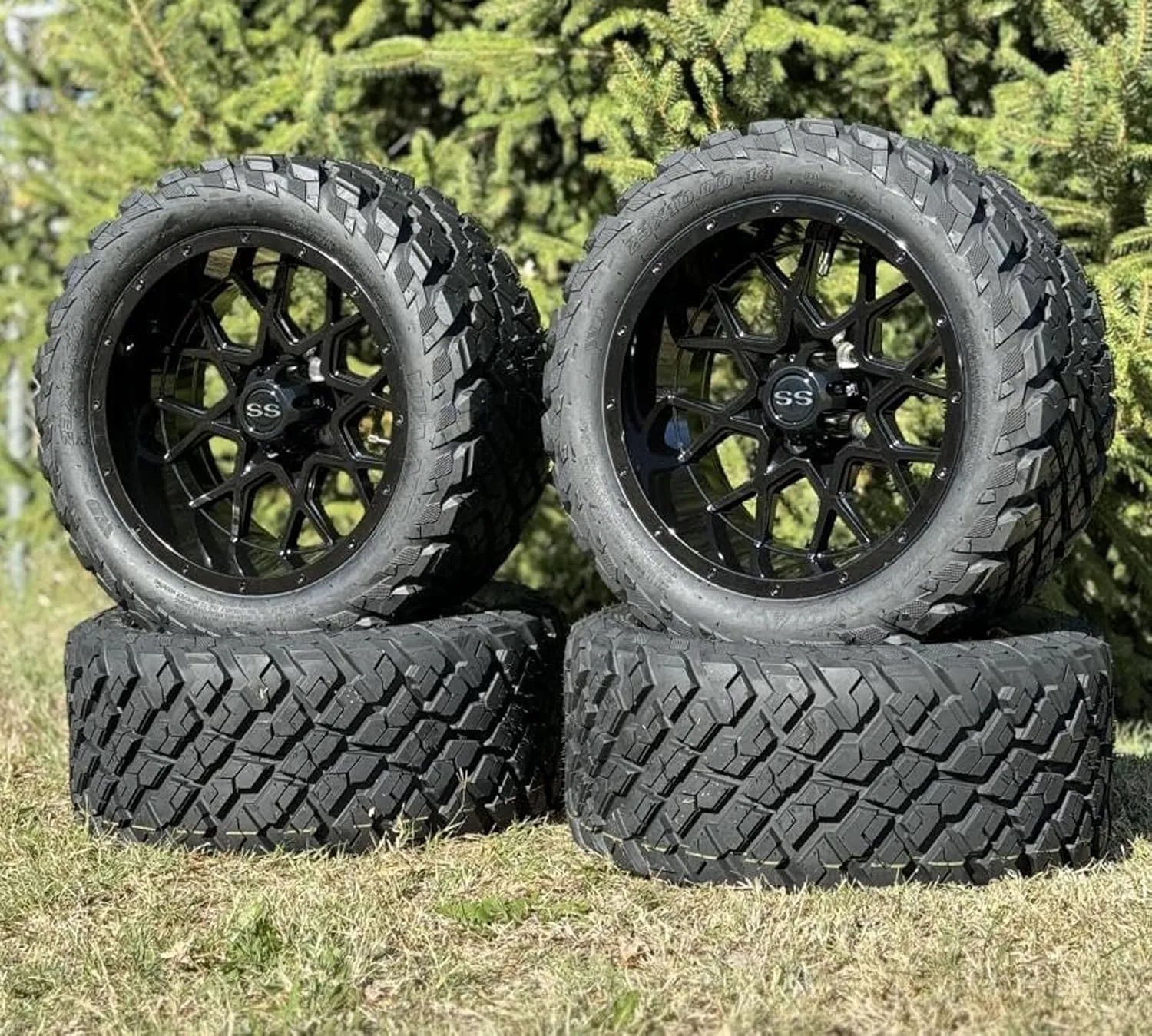 14 Inch Glossy Black Fusion Golf Cart Wheels & Tires Set of 4, 23x10-14 All Terrain Tires DOT Certified Golf Cart Wheels Compatible with EZGO, Club Car, YMH, 5 or 6" Lift Kit Required