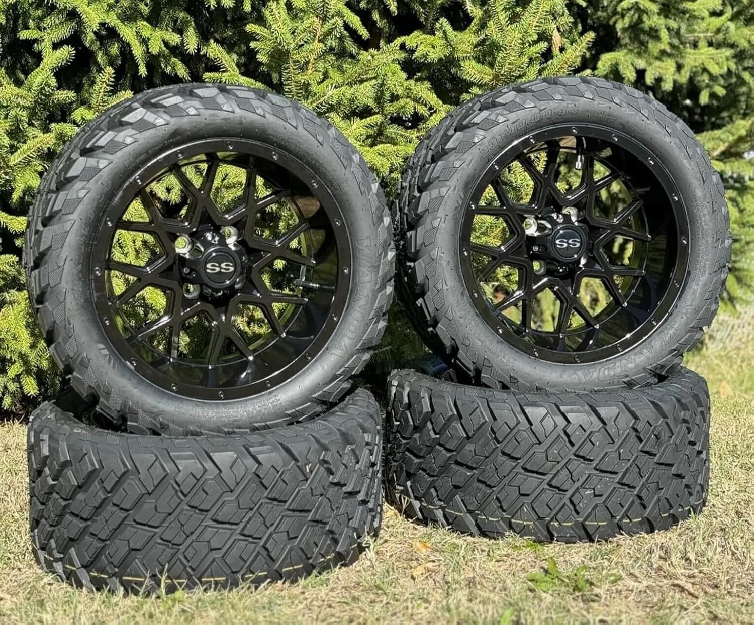 14 Inch Glossy Black Fusion Golf Cart Wheels & Tires Set of 4, 23x10-14 All Terrain Tires DOT Certified Golf Cart Wheels Compatible with EZGO, Club Car, YMH, 5 or 6" Lift Kit Required
