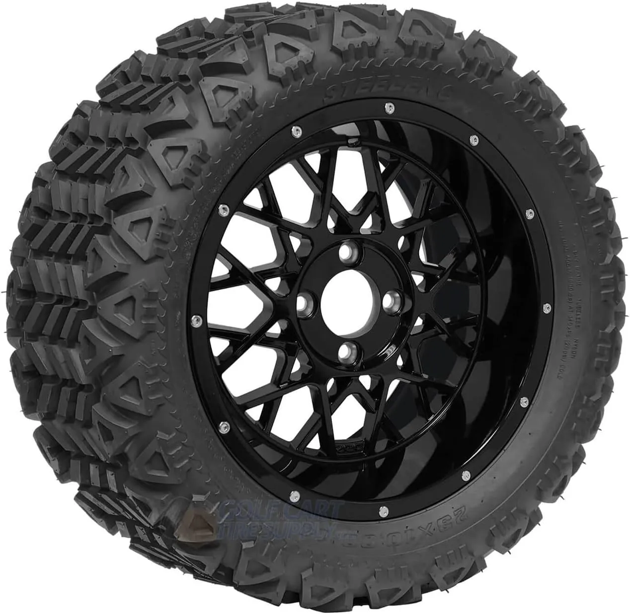 15" Venom Gloss Black Wheels and 23x10-15 DOT All Terrain Golf Cart Tires Combo - Set of 4 (Standard Lugs 1/2 x 20)
