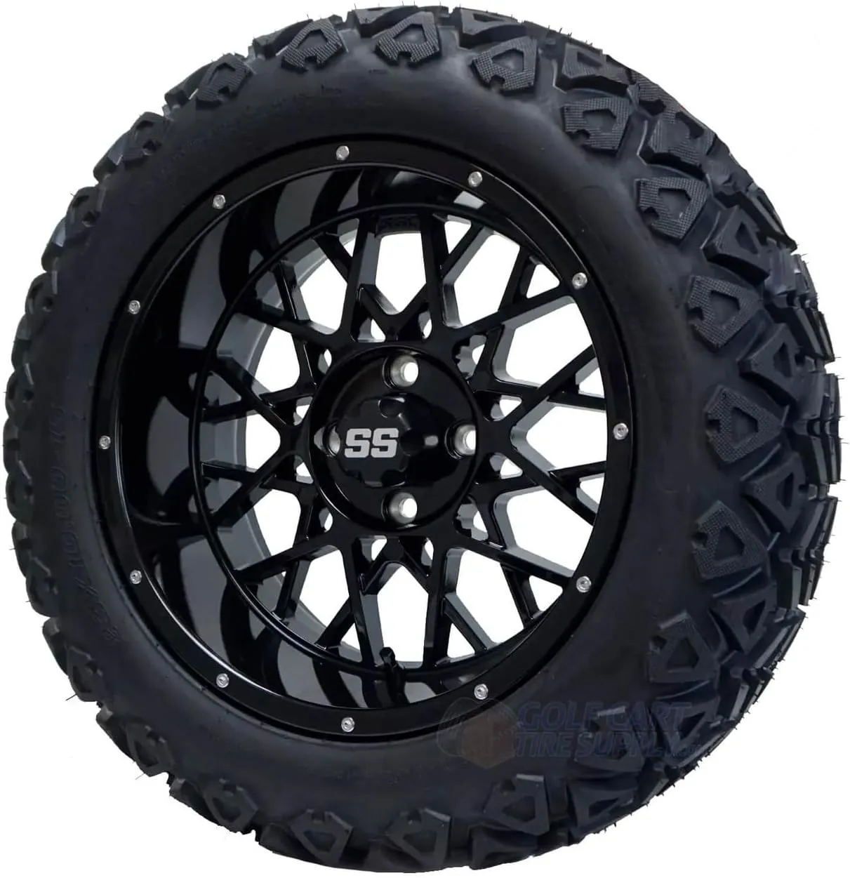 15" Venom Gloss Black Wheels and 23x10-15 DOT All Terrain Golf Cart Tires Combo - Set of 4 (Standard Lugs 1/2 x 20)