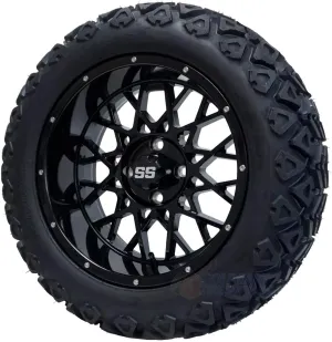 15" Venom Gloss Black Wheels and 23x10-15 DOT All Terrain Golf Cart Tires Combo - Set of 4 (Standard Lugs 1/2 x 20)
