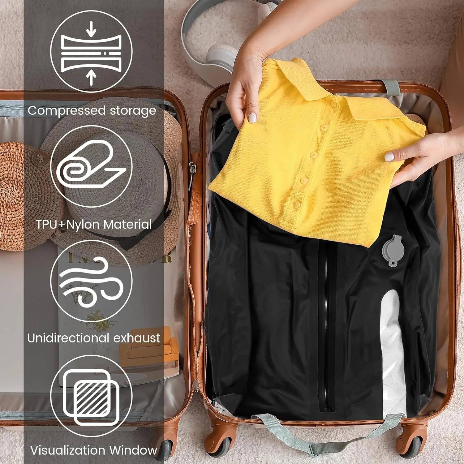 16L One Way Valve Vacuum Compression Bag Waterproof Airtight Zipper Closure Travel Vacuum Bag With Visible Window for Traveler Camper(black,16L)