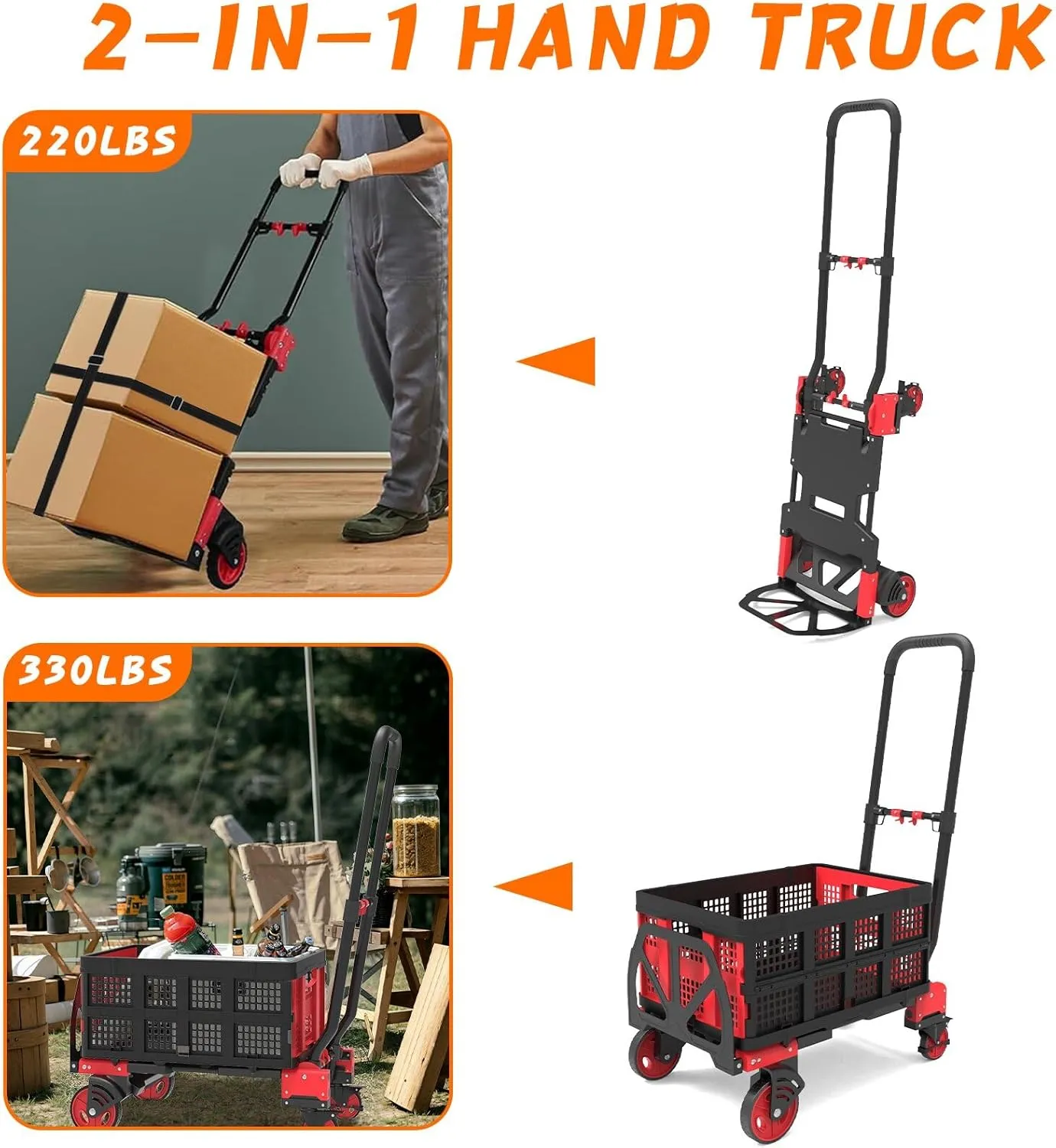 2-in-1 Folding Hand Truck with Folding Basket,Hand Truck with Retractable Handle, 330LBS Capacity Heavy Duty Hand Dolly, Dolly Cart with Wheels for Luggage/Moving/Travel