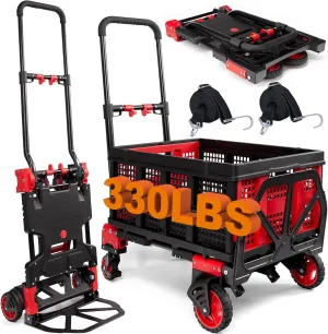 2-in-1 Folding Hand Truck with Folding Basket,Hand Truck with Retractable Handle, 330LBS Capacity Heavy Duty Hand Dolly, Dolly Cart with Wheels for Luggage/Moving/Travel