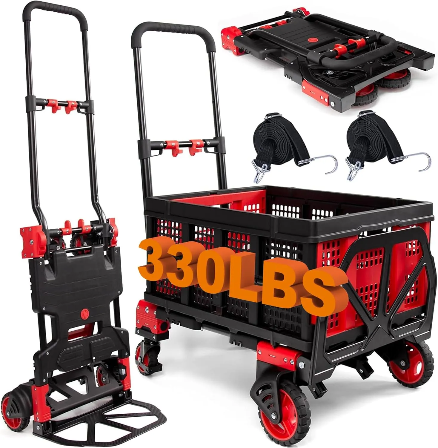 2-in-1 Folding Hand Truck with Folding Basket,Hand Truck with Retractable Handle, 330LBS Capacity Heavy Duty Hand Dolly, Dolly Cart with Wheels for Luggage/Moving/Travel