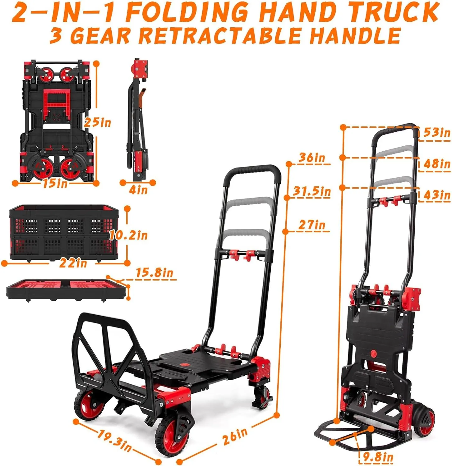 2-in-1 Folding Hand Truck with Folding Basket,Hand Truck with Retractable Handle, 330LBS Capacity Heavy Duty Hand Dolly, Dolly Cart with Wheels for Luggage/Moving/Travel