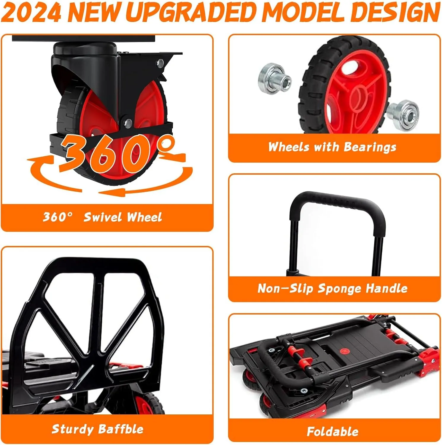 2-in-1 Folding Hand Truck with Folding Basket,Hand Truck with Retractable Handle, 330LBS Capacity Heavy Duty Hand Dolly, Dolly Cart with Wheels for Luggage/Moving/Travel