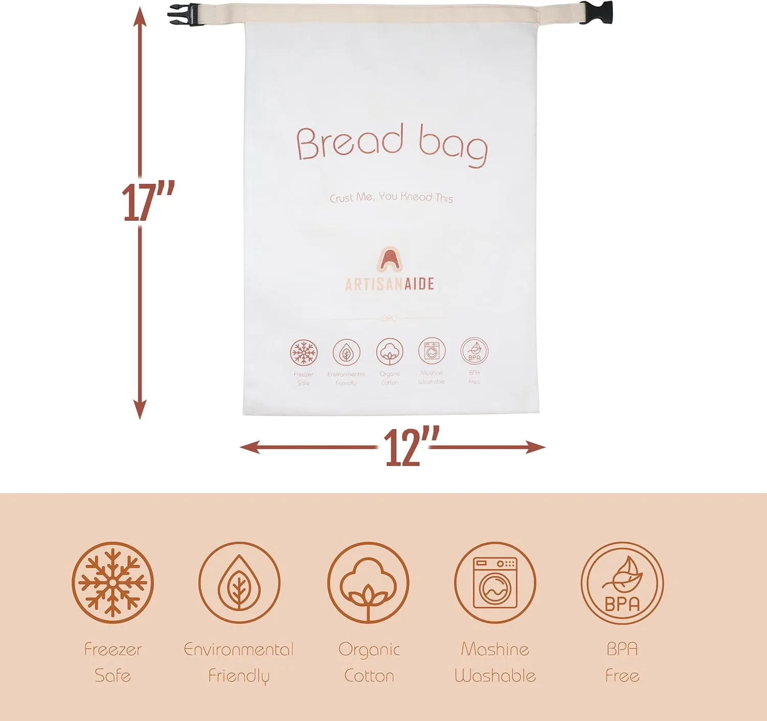 2 Pack 12x17 Bread Bags, Bread Storage for Homemade Sourdough, Reusable Bread Bags for Homemade Bread, Buckle Closure, Machine Washable, Freezer Safe, BPA Free, Gifts for Sourdough Bakers