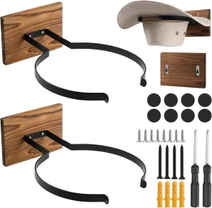 2 Pack Cowboy Hat Rack for Wall, Removable Wall Mount Hat Holder, Wooden Western Rustic Metal Hat Hanger with Screws, Screwdrivers and Sponge Pads, Hat Organizer for Western Hat, Fedora, Sun Hats
