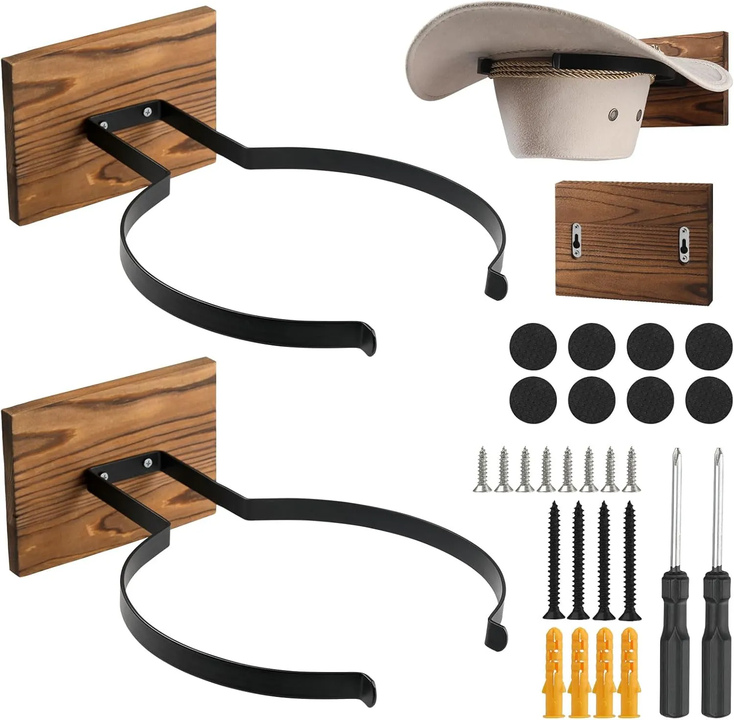 2 Pack Cowboy Hat Rack for Wall, Removable Wall Mount Hat Holder, Wooden Western Rustic Metal Hat Hanger with Screws, Screwdrivers and Sponge Pads, Hat Organizer for Western Hat, Fedora, Sun Hats