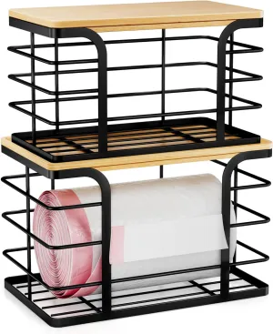 2 Pack Trash Bag Holder,Wall Mount Garbage Bag Dispenser with Bamboo Top,Stackable Storage for Kitchen Laundry Organization,Black Large and Small
