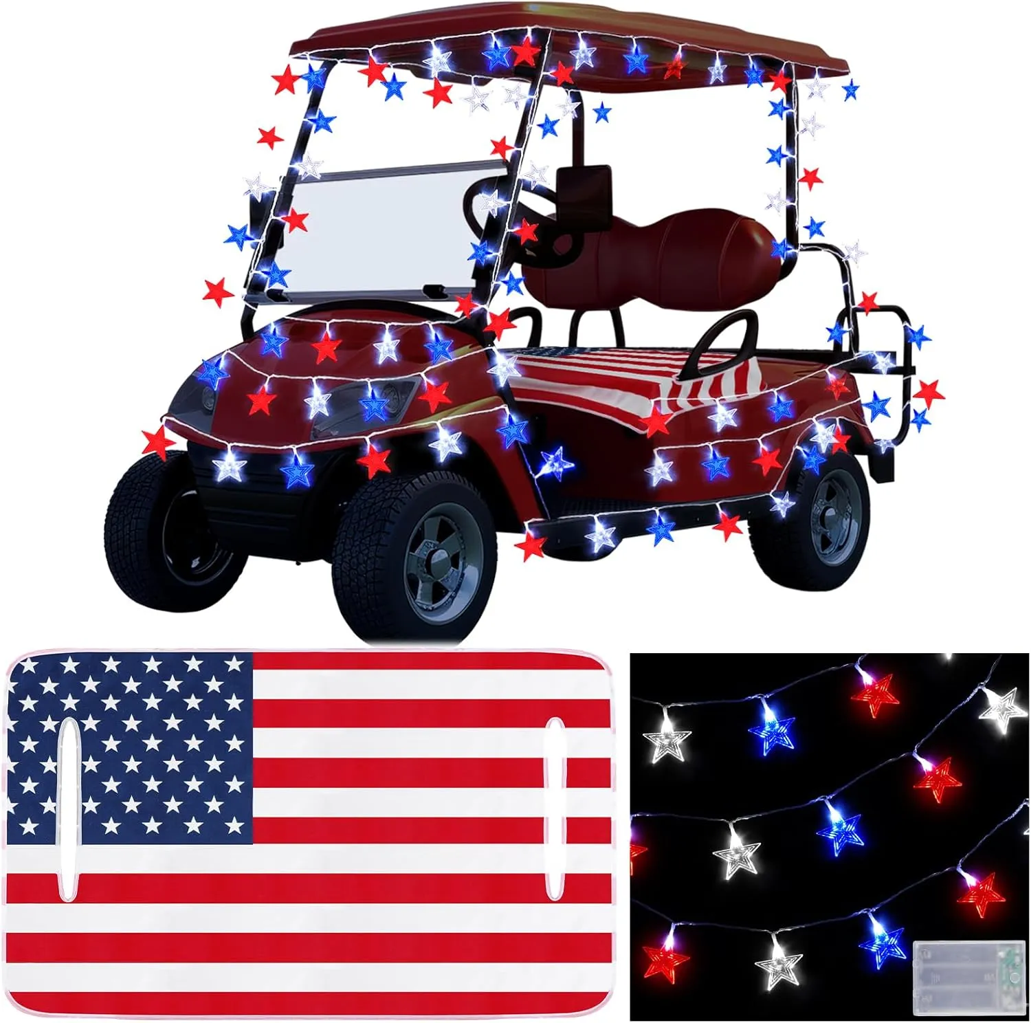 2 Pcs 4th of July Golf Cart Decorations Patriotic Golf Cart Seat Covers and White Red Blue Lights with 80 LED Stars Independence Day Accessories for Parade Patriotic Decors