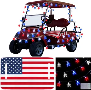 2 Pcs 4th of July Golf Cart Decorations Patriotic Golf Cart Seat Covers and White Red Blue Lights with 80 LED Stars Independence Day Accessories for Parade Patriotic Decors