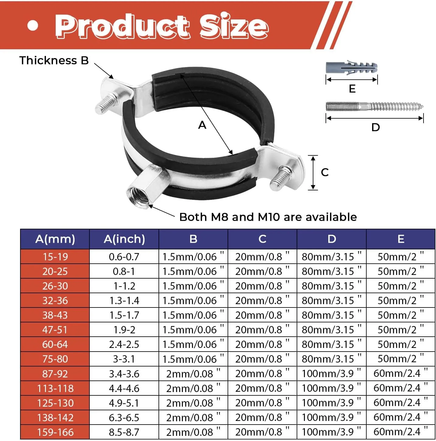 2 Pcs 6.3-6.5 Inch Split Ring Pipe Hanger, 159-166mm Heavy Duty Adjustable Pipe Bracket Clamp with Screw & Expansion Tube, Wall Ceiling Mount Combination Thread M8/M10 Metal Pipe Clamps
