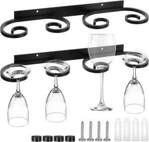 2 Pcs Metal Black Wine Cup Hanger Holder,Wine Glass Wall Holder with 4 Hooks, Under Shelf Cabinet Stemware Storage Organizer Stemware Storage Organizer for Kitchen, Dining Room, Bar (15 Inch)
