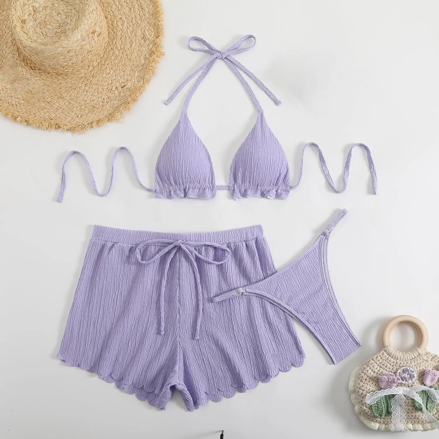 2025 Fashion and Leisure Three Piece Bikini Solid Color Women's Split Swimsuit Bag Swimsuit Shorts for Women Set