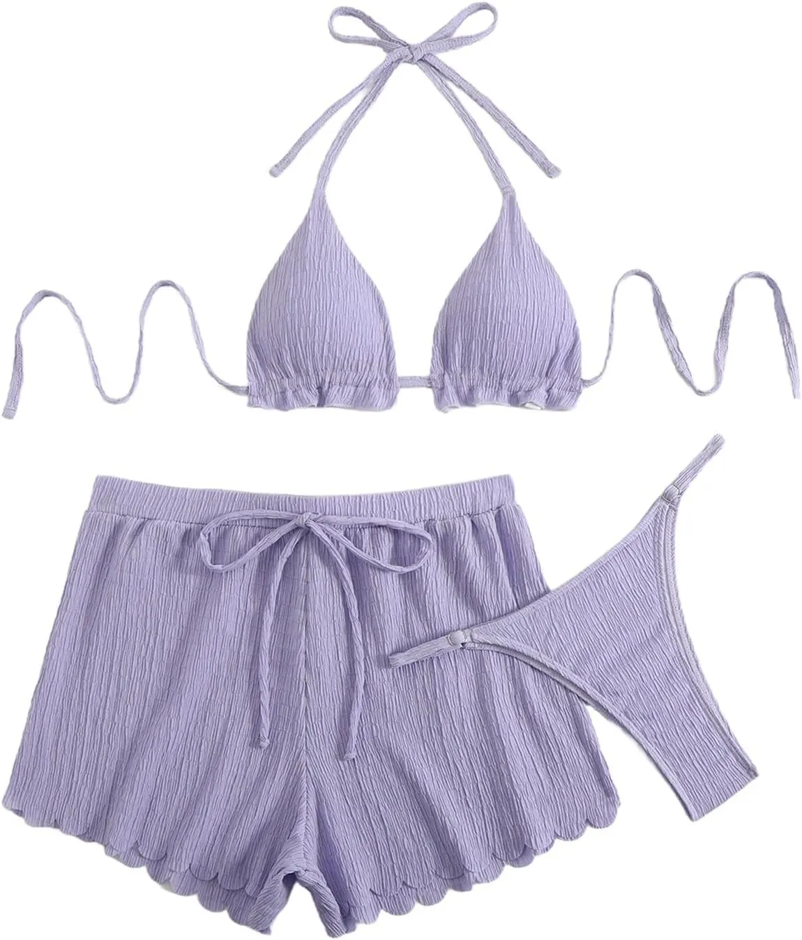 2025 Fashion and Leisure Three Piece Bikini Solid Color Women's Split Swimsuit Bag Swimsuit Shorts for Women Set