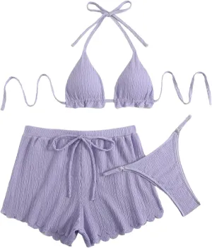 2025 Fashion and Leisure Three Piece Bikini Solid Color Women's Split Swimsuit Bag Swimsuit Shorts for Women Set