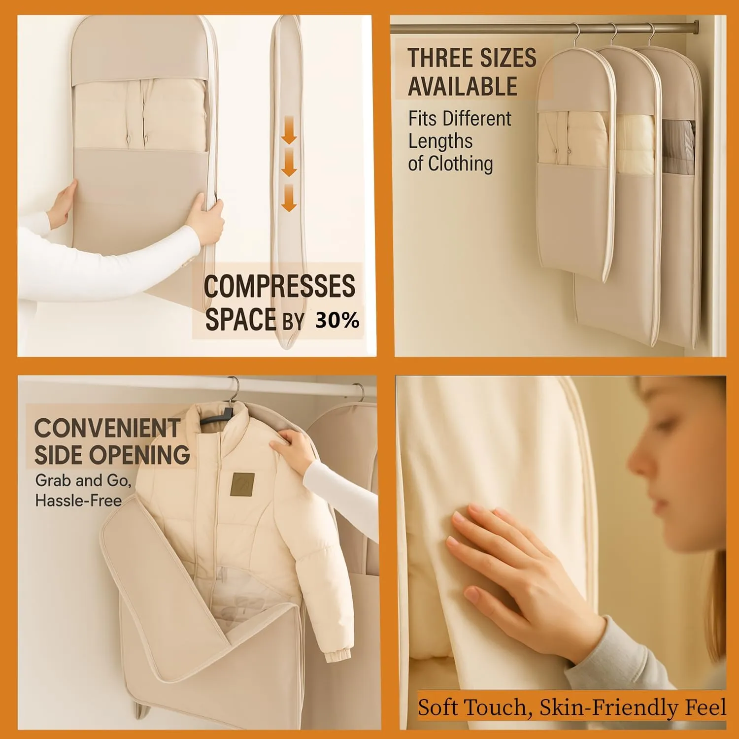 2025 Space Saving Hanging Garment Bag with Self Compression Zipper, Otherwise Space Saving Garment Bag for Down Coat, Hanging Storage Bags for Clothes (Beige,XL)