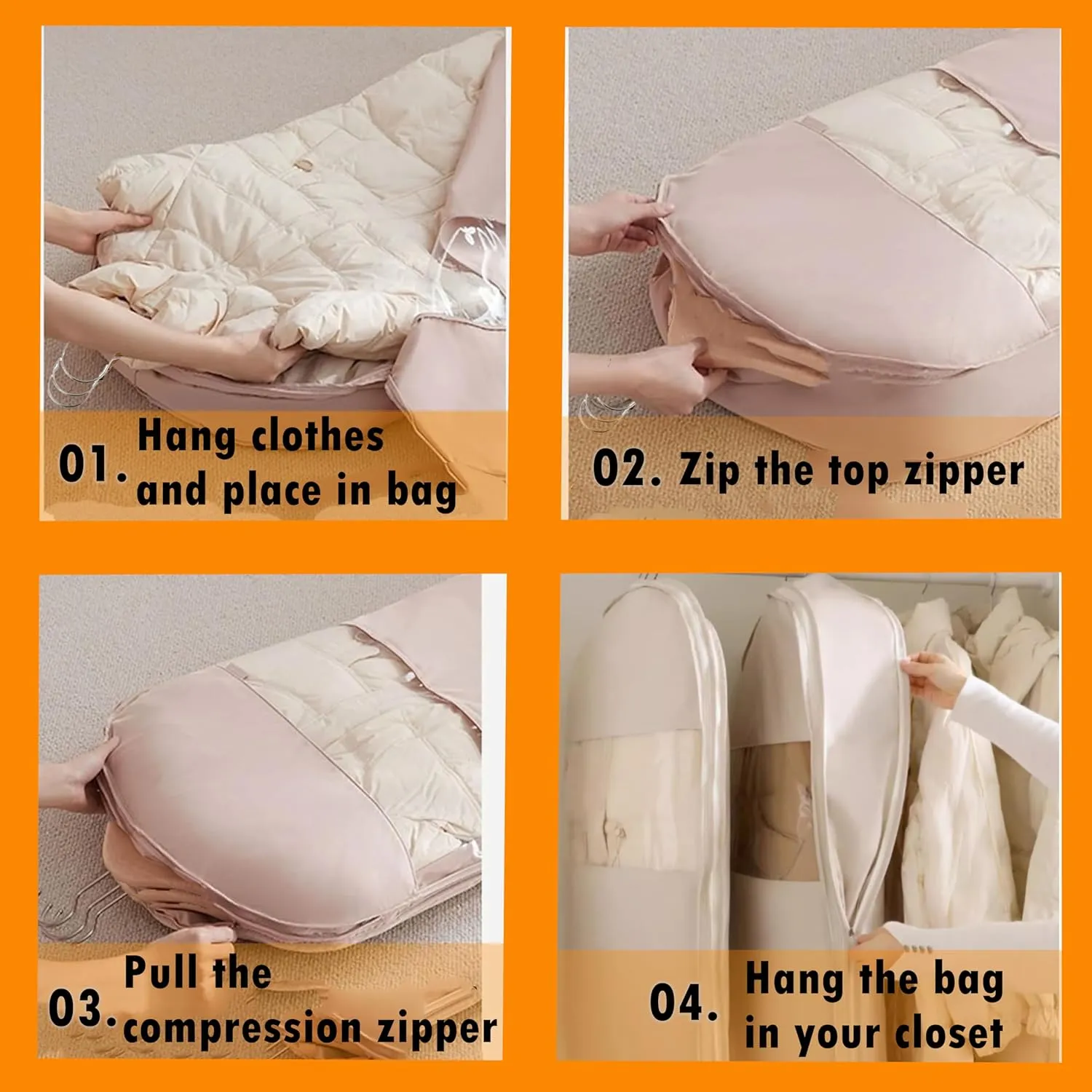 2025 Space Saving Hanging Garment Bag with Self Compression Zipper, Otherwise Space Saving Garment Bag for Down Coat, Hanging Storage Bags for Clothes (Beige,XL)