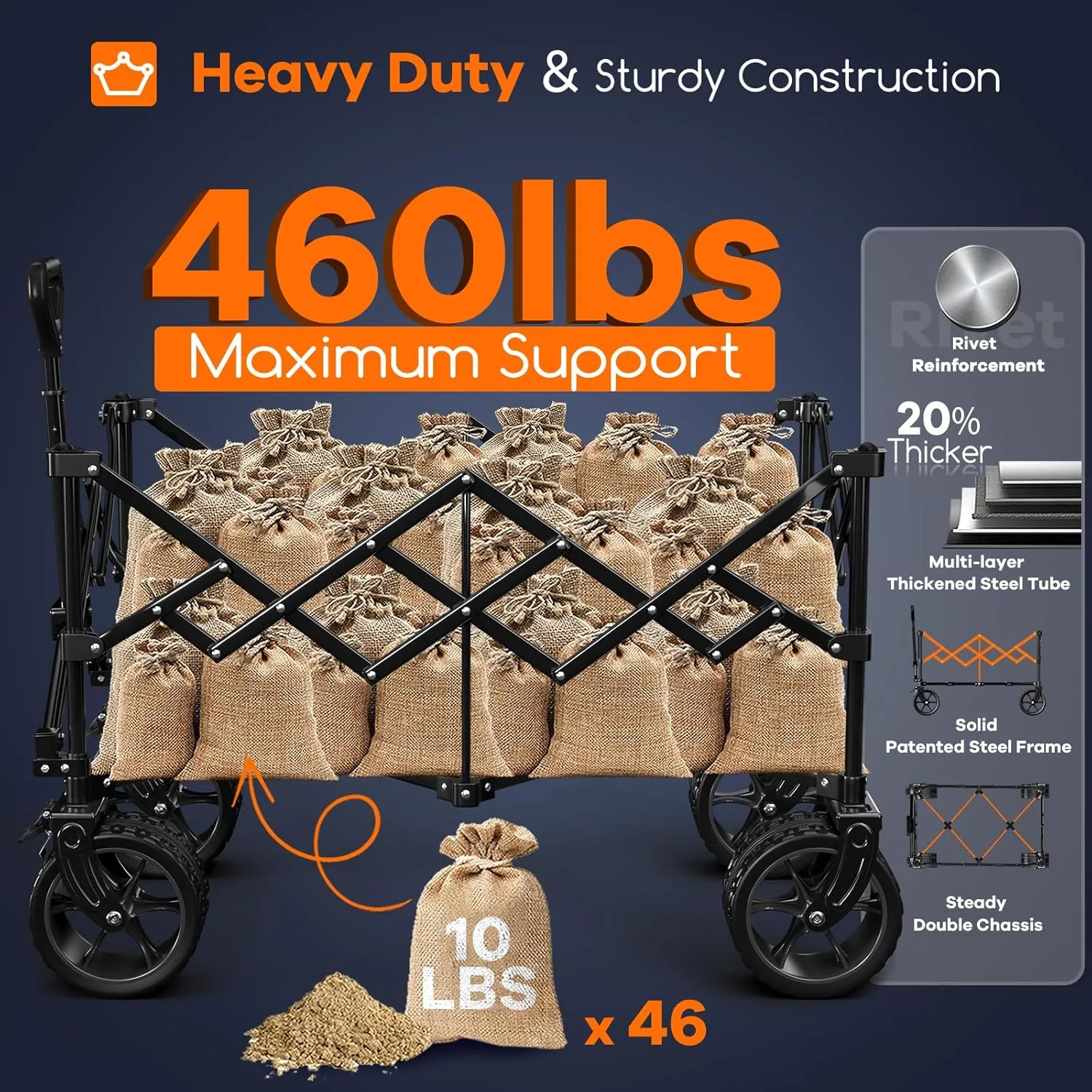 220L Collapsible Wagon Cart Foldable, 460LB Load Capacity Heavy Duty Folding Beach Wagons with Big All-Terrain Wheels, Utility Carts for Groceries, Shopping, Camping, Sports - Grey