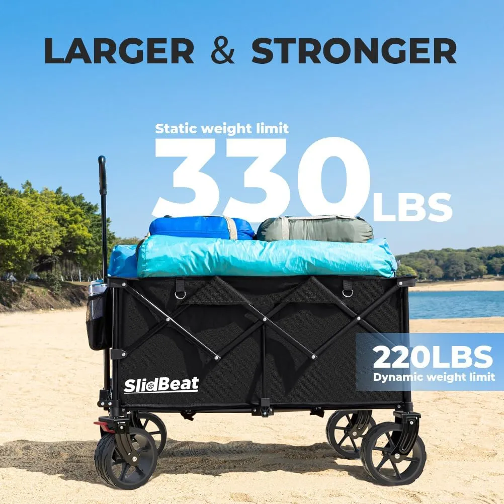 220L Collapsible Wagon with Big Wheels - Heavy Duty Utility Foldable Cart, All-Terrain Wheel & Drink Holders Portable Grocery Carts for Outdoor, Travel, Camping, Beach, Garden,Fishing