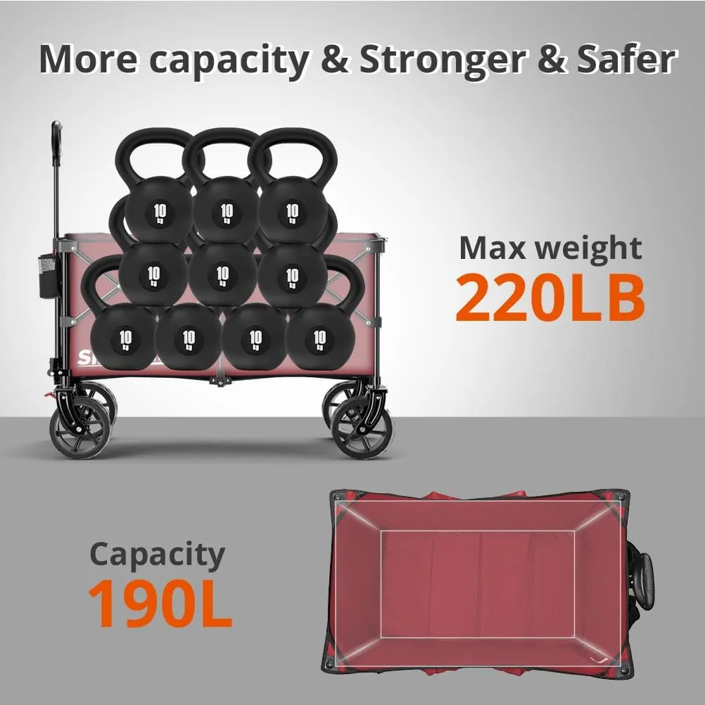 220L Collapsible Wagon with Big Wheels - Heavy Duty Utility Foldable Cart, All-Terrain Wheel & Drink Holders Portable Grocery Carts for Outdoor, Travel, Camping, Beach, Garden,Fishing
