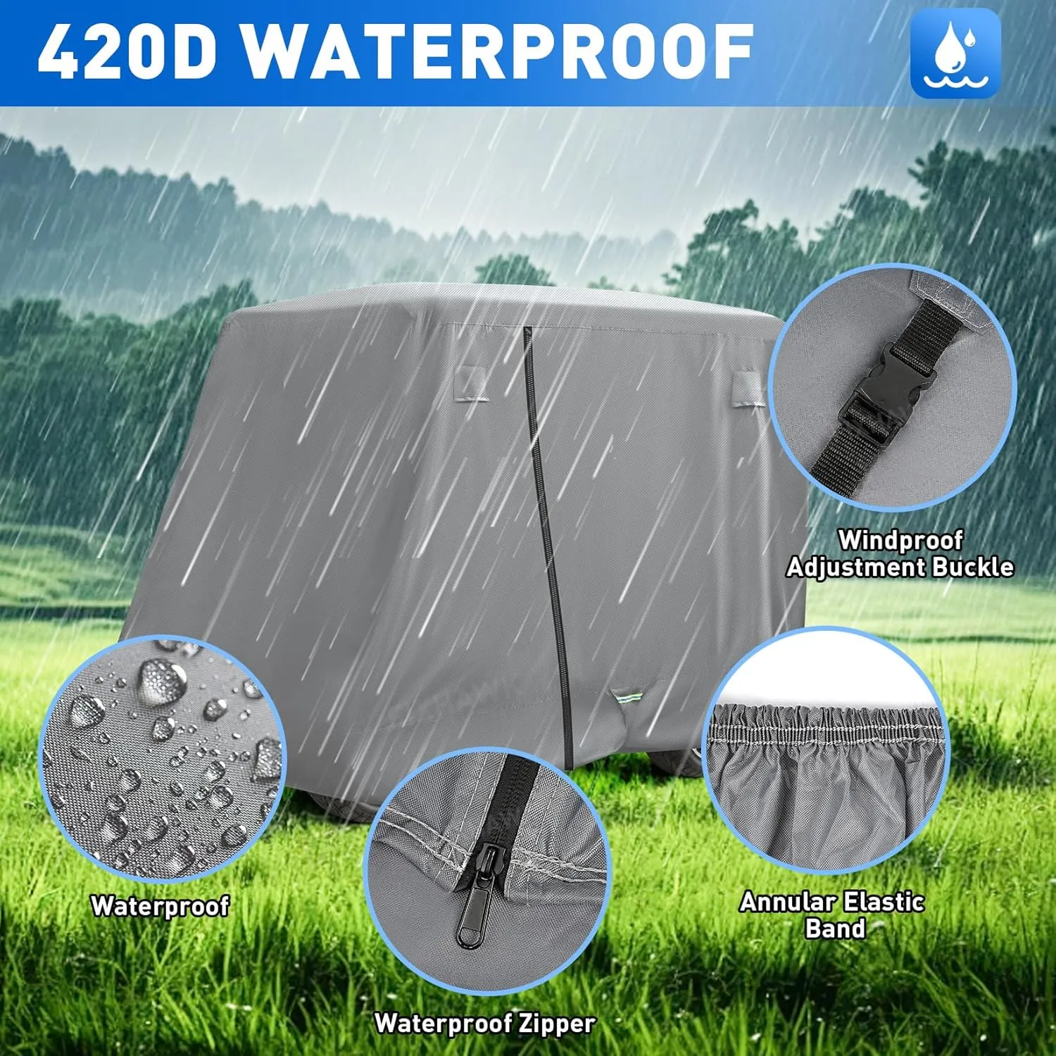 2/4 Passenger Golf Cart Cover for Club Car, EZGO,Yamaha Model, 420D PU Oxford Fabrics Waterproof Golf Cart Covers All-Weather Protection Full Cover 3-Zipper (Black / Gray)