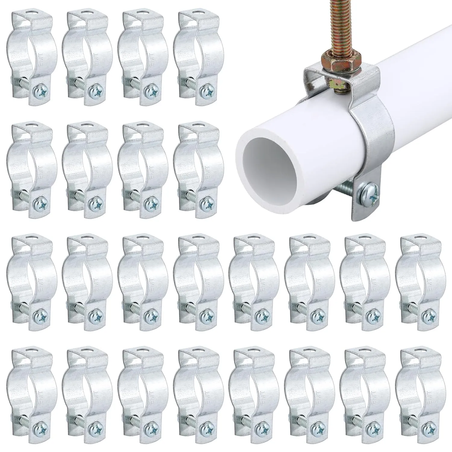 25 Pcs Zinc Plated Steel EMT Conduit Hanger with Bolt Ideal for Rigid and EMT Conduit Mounting to Surfaces, Insulated Supports or Threaded Rods, Furnished with Nut and Bolt (1 Inch)