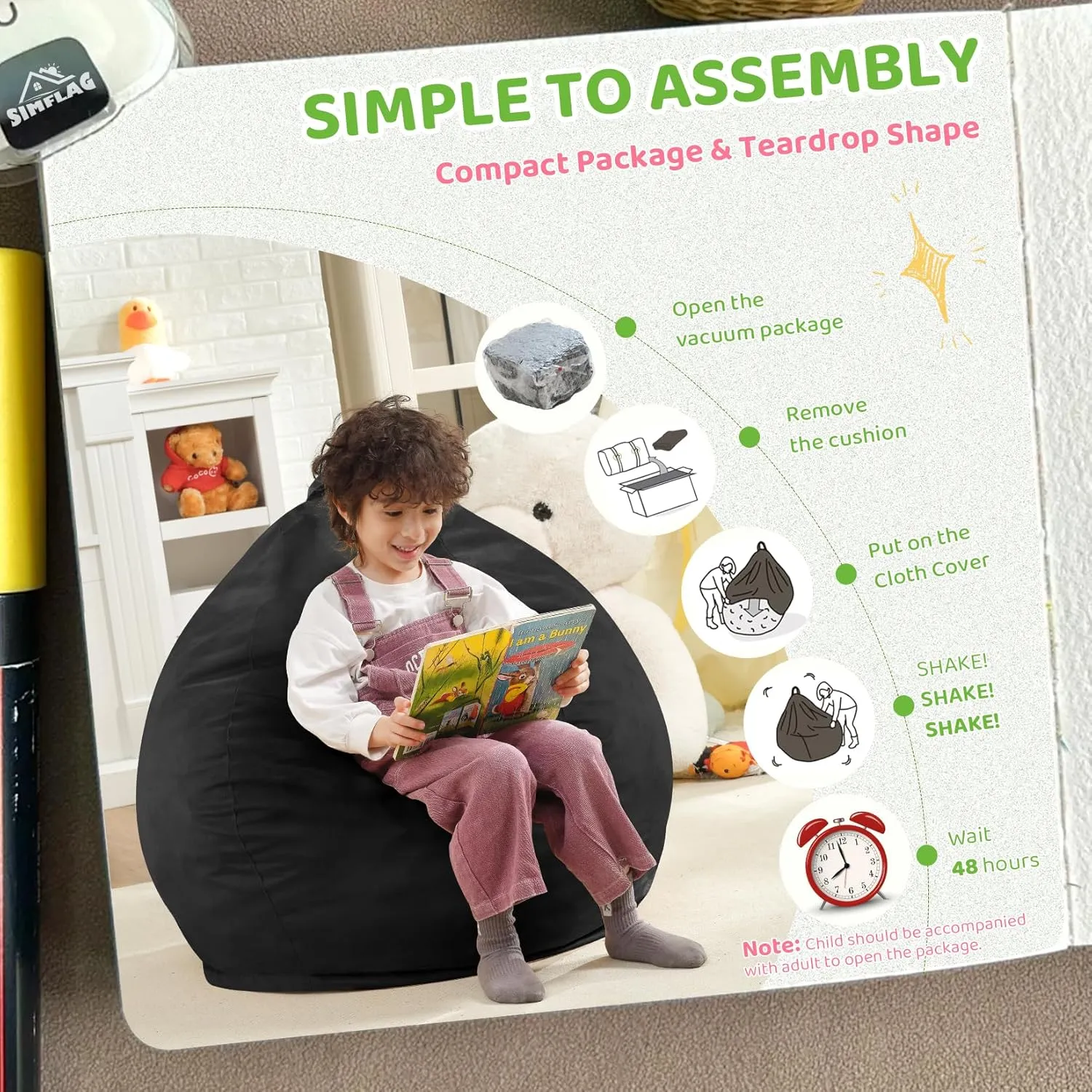 2.5Ft Bean Bag Chair, Memory Foam Filling Bean Bag Chairs with Velvet Cover, Removable and Machine Washable Cover, Teardrop Bean Bag Chair for Adults,Teens and Kids - Black